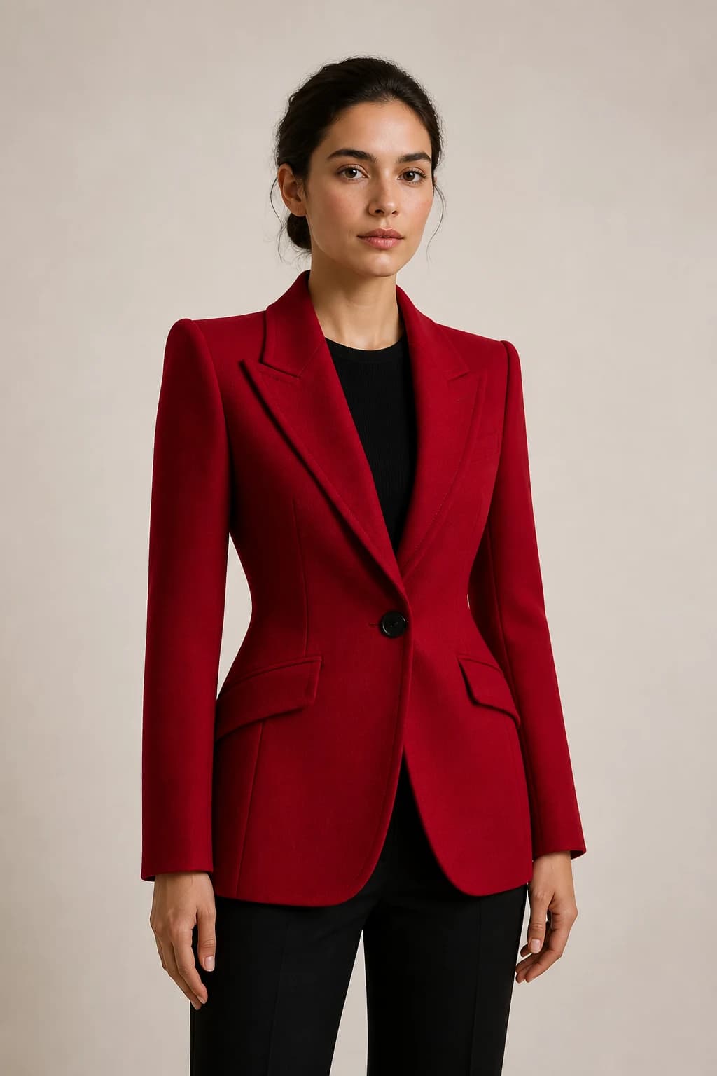 Model wearing the exact same sculptural red tailored jacket shown in the product frame