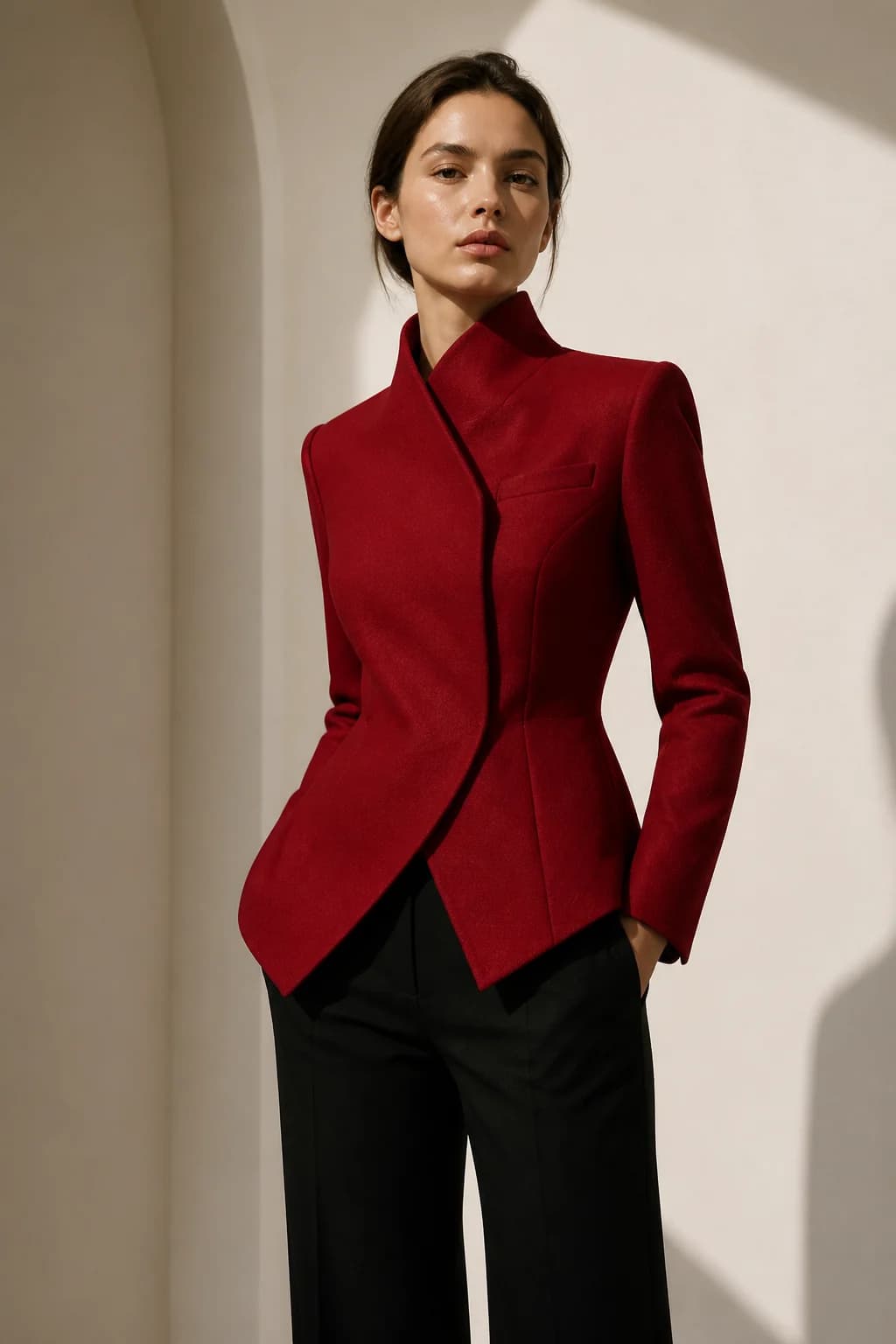 Fashion model in a red tailored jacket