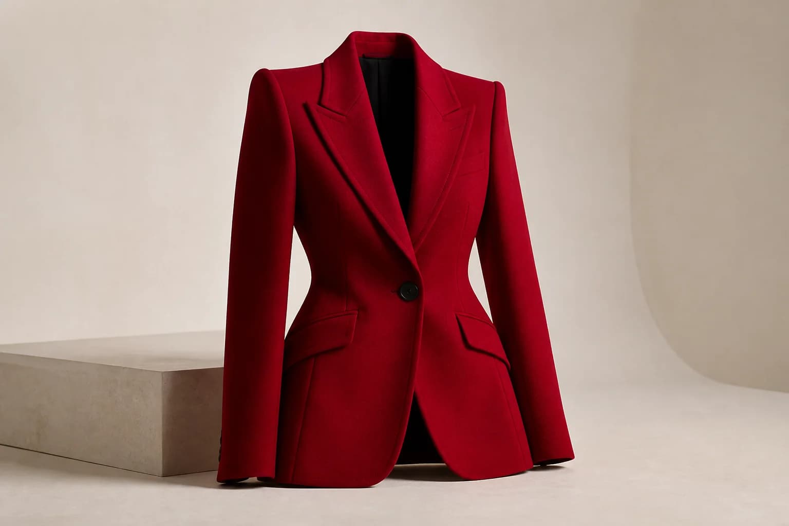 Red tailored jacket in a luxury product studio