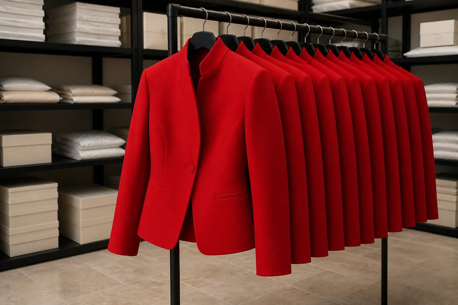 Rows of red jackets organized as ecommerce inventory