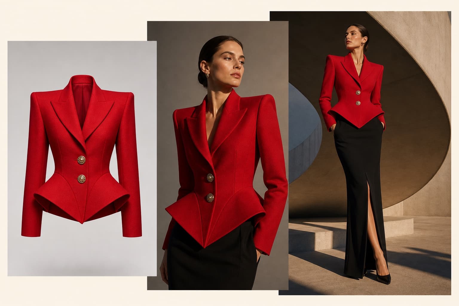 A red statement jacket shown as a product photo and transformed into on-model campaign imagery